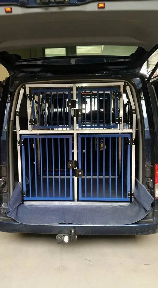 Zweistöckige Hundebox mit blauen Gitterrahmen im Fahrzeugheck