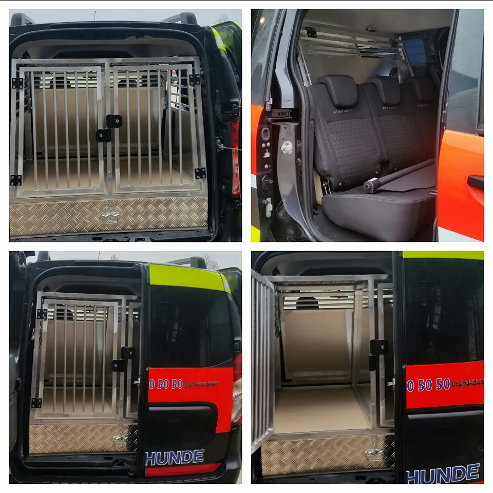 Bildcollage einer Hundebox in einem Fahrzeug der Hundestaffel